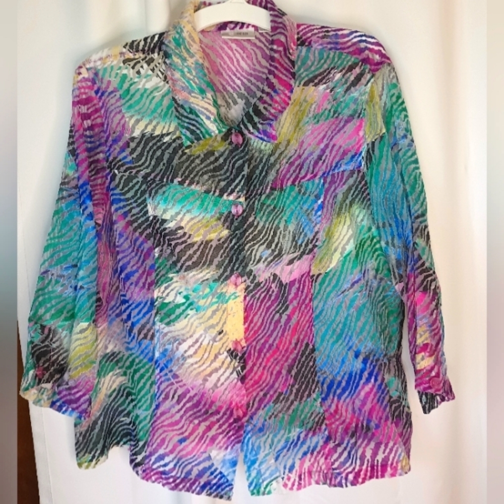 Erin London 1X Multicolor Burnout Shirt Sheer Rainbow Zebra Print Linen Blend